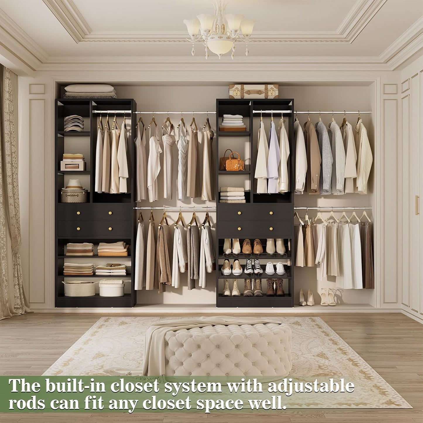 Closet System, Up to 134"/11.2 FT Closet Organizer with 4 Wooden Drawers and Shelves, Walk-in