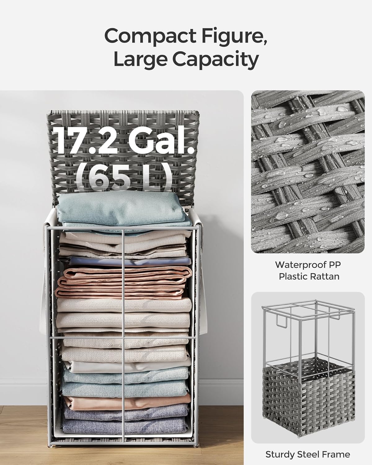 SONGMICS Laundry Hamper with Lid, 17.2 Gallon (65 L) Synthetic Rattan Clothes Laundry Basket with