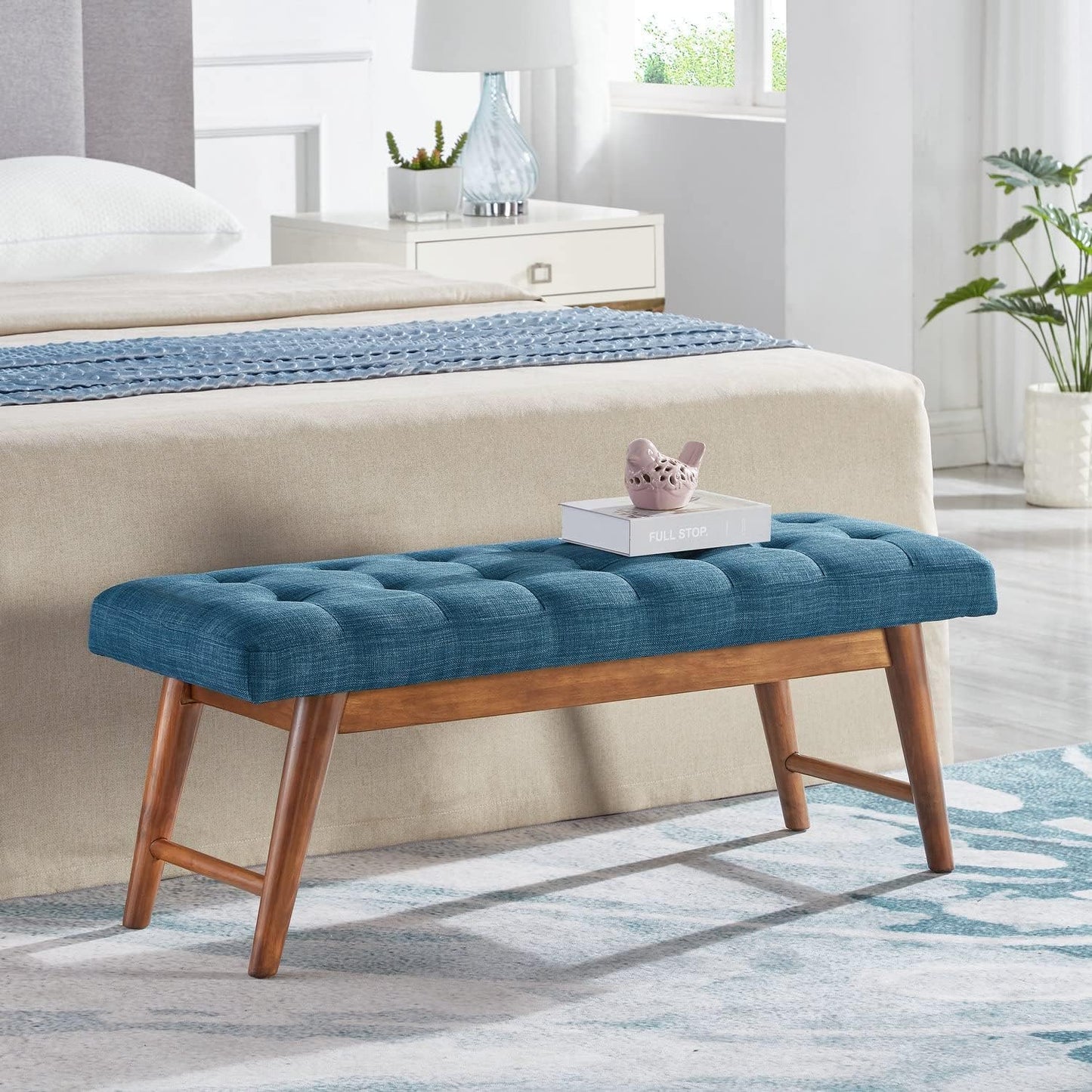 Amazon Basics Modern Haraden Upholstered Button-Tufted Bench, Blue, 16 x 44 x 17 in (Previously