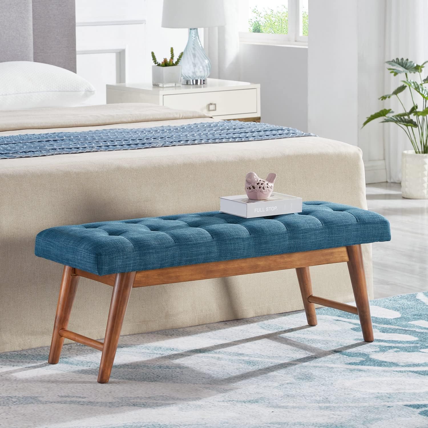 Amazon Basics Modern Haraden Upholstered Button-Tufted Bench, Blue, 16 x 44 x 17 in (Previously