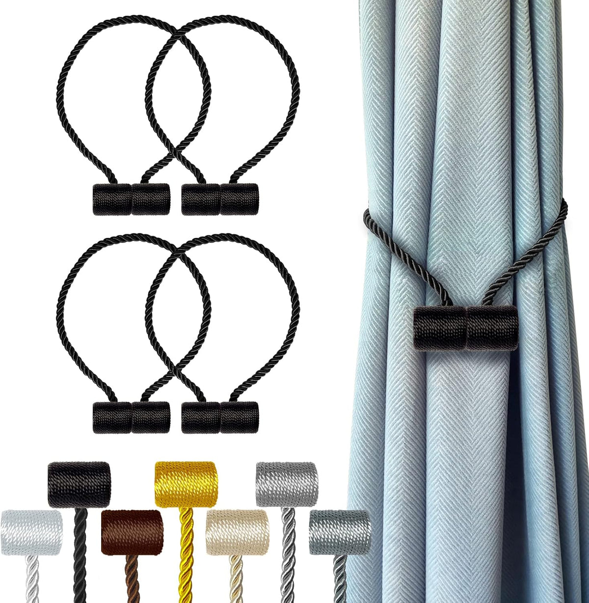 Hion Magnetic Curtain Tiebacks Black 4 Pack, Curtain Tiebacks Buckles Holdbacks Holders Hooks Clip