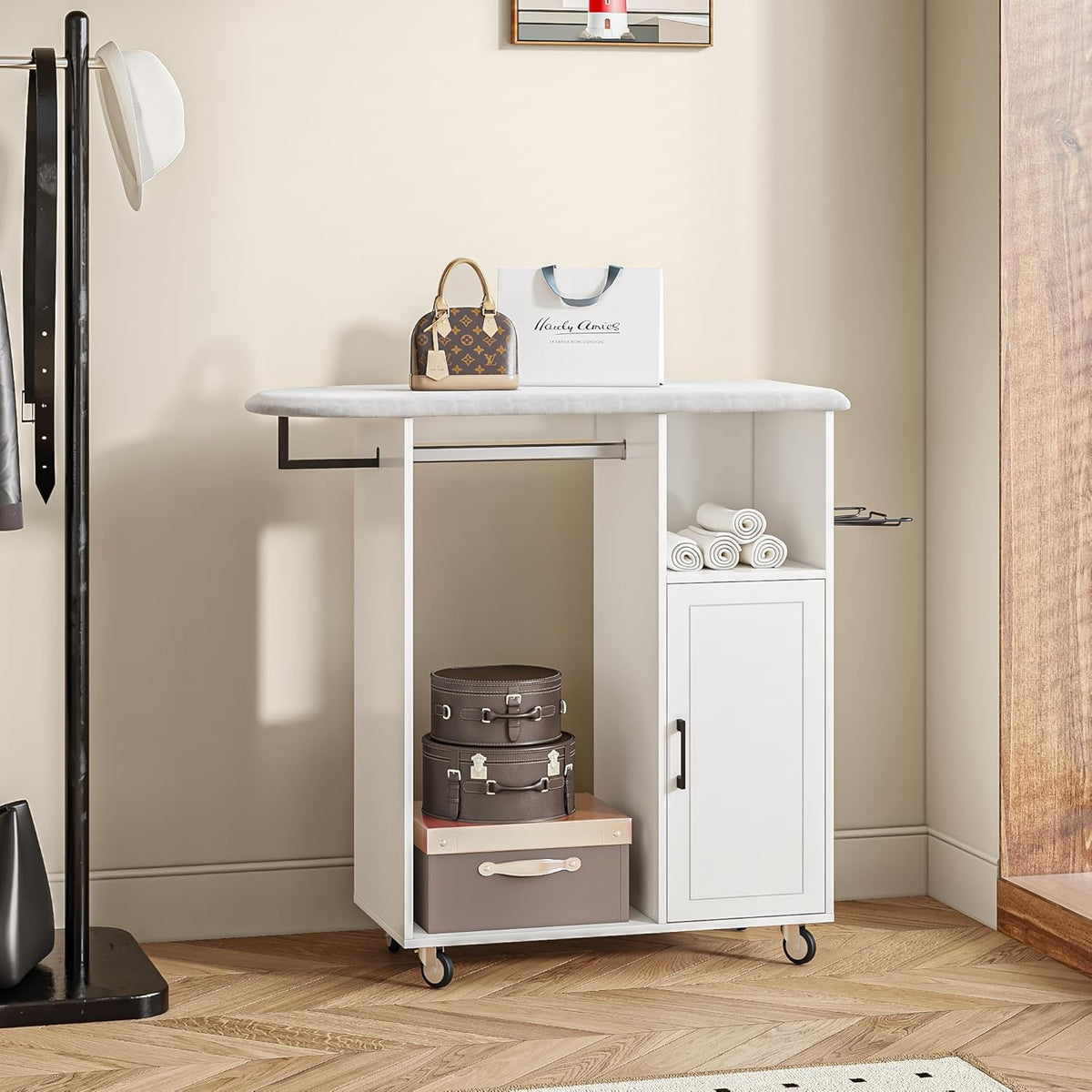 Rolling Ironing Board with Storage Cabinet, Multipurpose Wooden Ironing Cabinet with Wheels