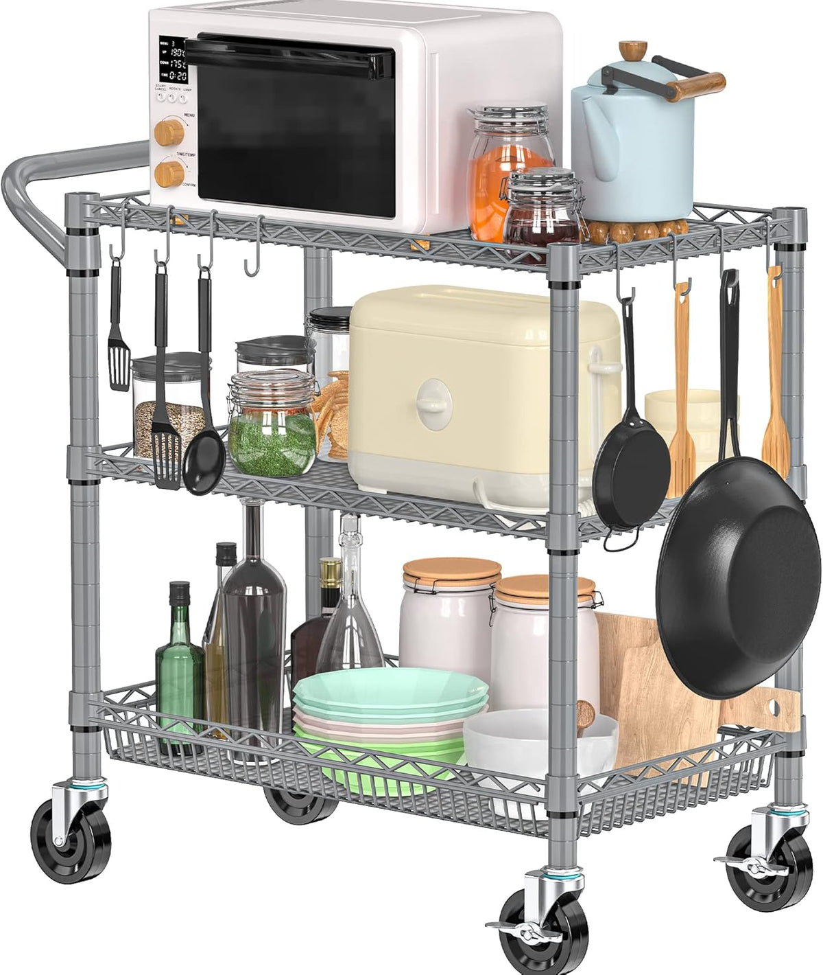 Metal Heavy Duty Carts with Wheels 1050lbs, 3 Tier Rolling Utility Cart with Storage, Steel Wire