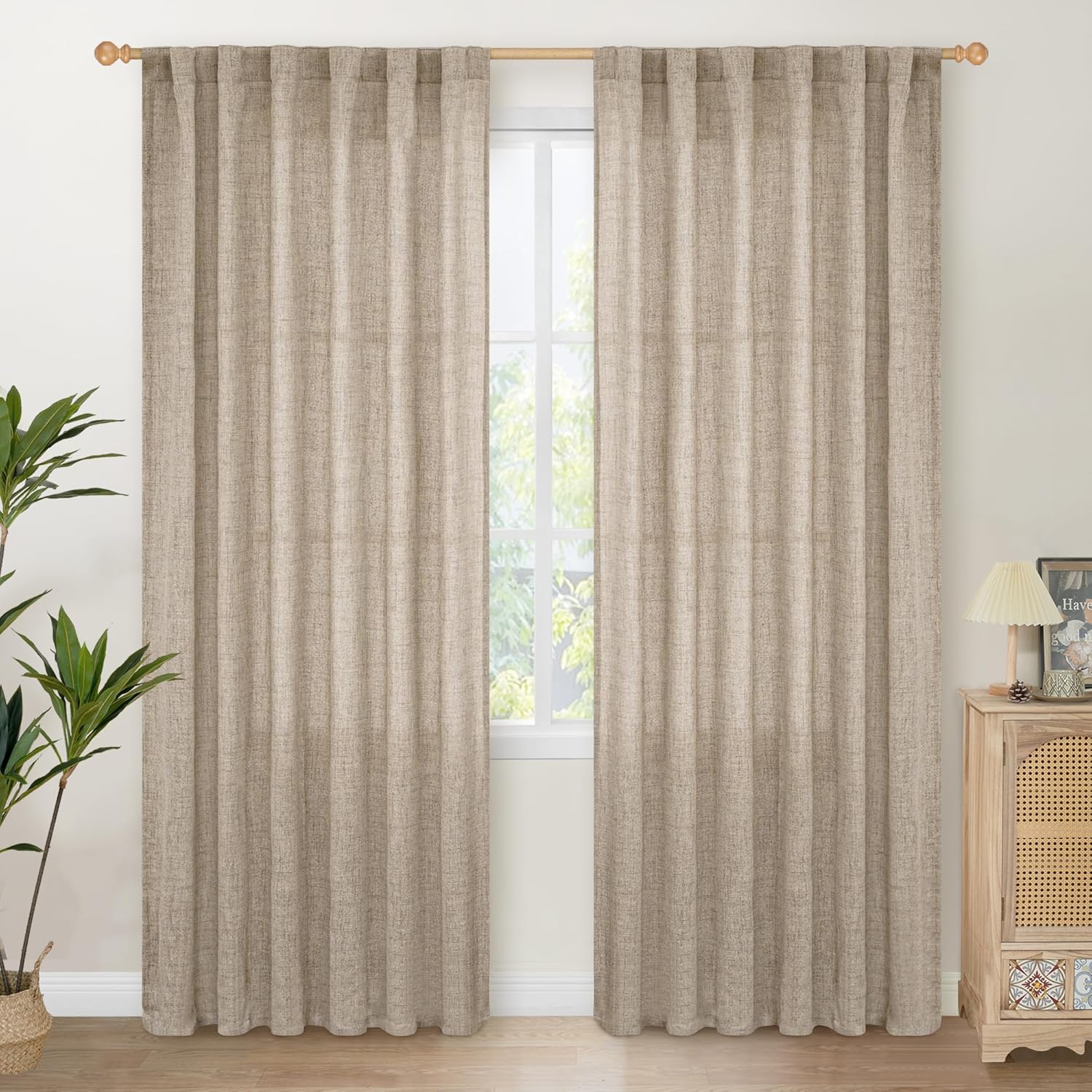 YoungsTex Dark Oatmeal Linen Semi Sheer Curtains 80 Inch Length for Living Room, Light Filtering