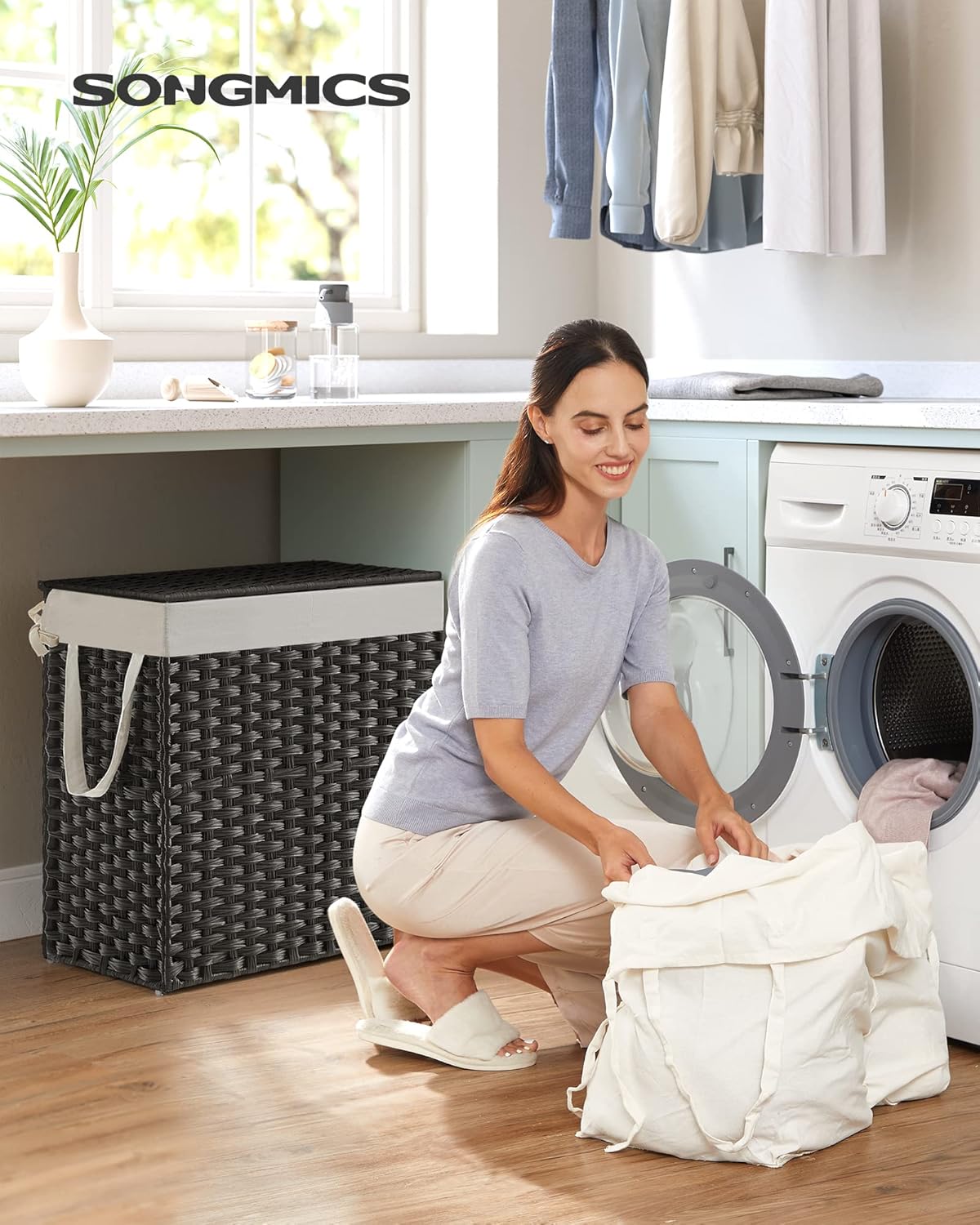 SONGMICS Laundry Hamper with Lid, 110L Clothes Hamper with 2 Removable Liner Bags, 6 Mesh Bags