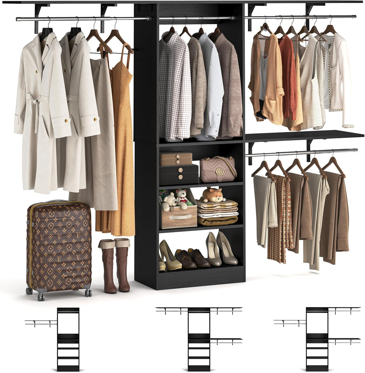 8FT Closet System with Shelves, 96'' Closet Organizer System with 3 Hanging Rods, Wall Mount