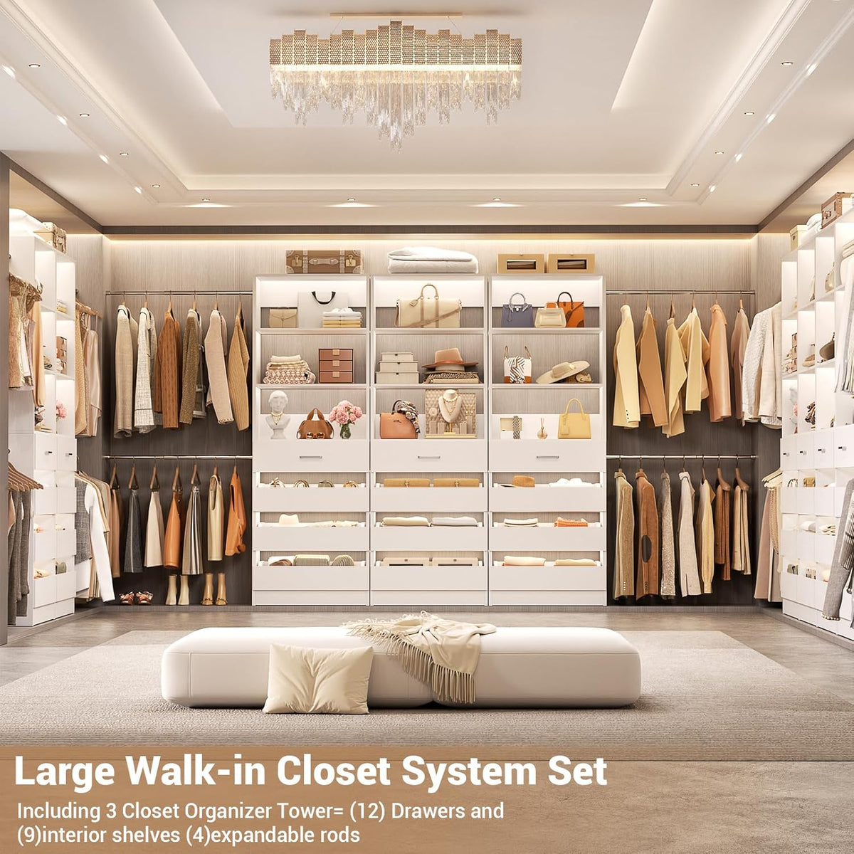 Aheaplus Closet System with 12 Drawers, 8.5-11.5Ft Wood Closet Organizer System with 4 Hanging Rods