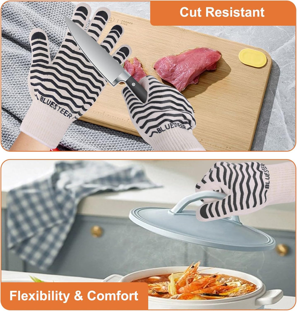 Oven Gloves 932°F Heat Resistant Oven Mitts with Fingers, Heat Proof BBQ Grill Gloves Silicone Grip