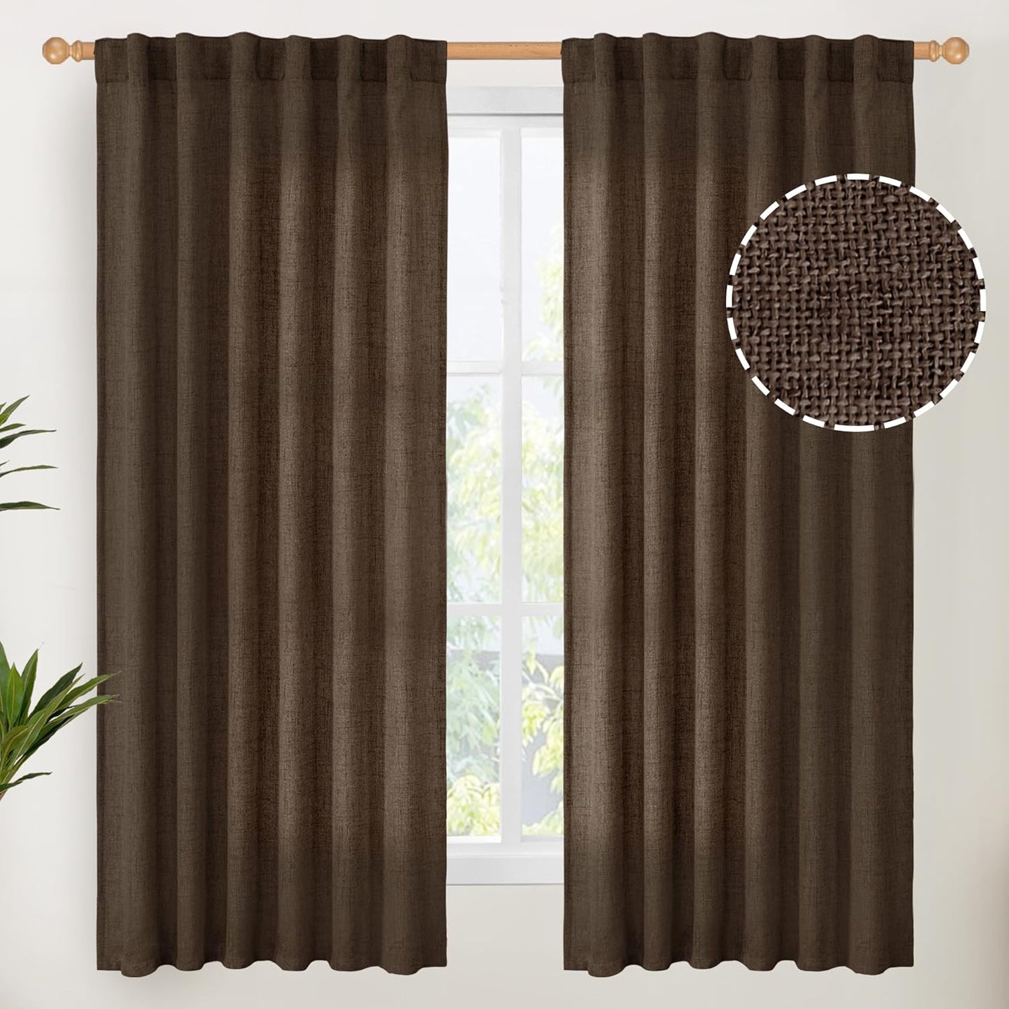 YoungsTex Brown Linen Curtains for Living Room 63 Inches Long, Chocolate Semi Sheer Drapes Textured