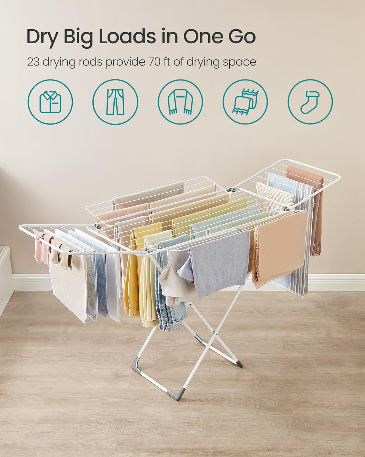 SONGMICS Clothes Drying Rack, Metal Laundry Drying Rack, Foldable, Space-Saving, Free-Standing