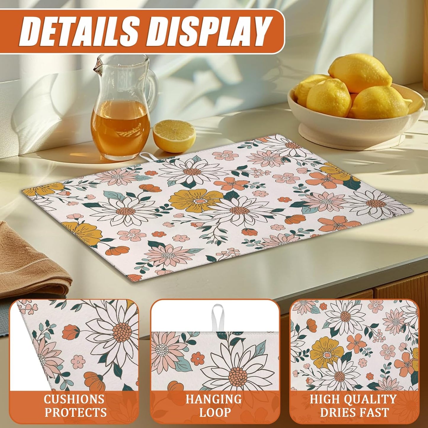 Boho Flower Dish Drying Mat for Kitchen Counter Microfiber Absorbent Dish Kitchen Drying Mat