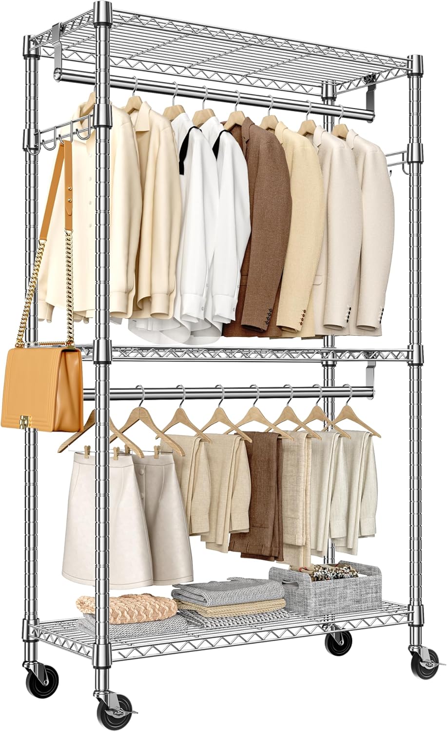 Heavy Duty Rolling Garment Rack 3 Tiers Adjustable Wire Shelving Clothes Rack with 2 Rods and Side