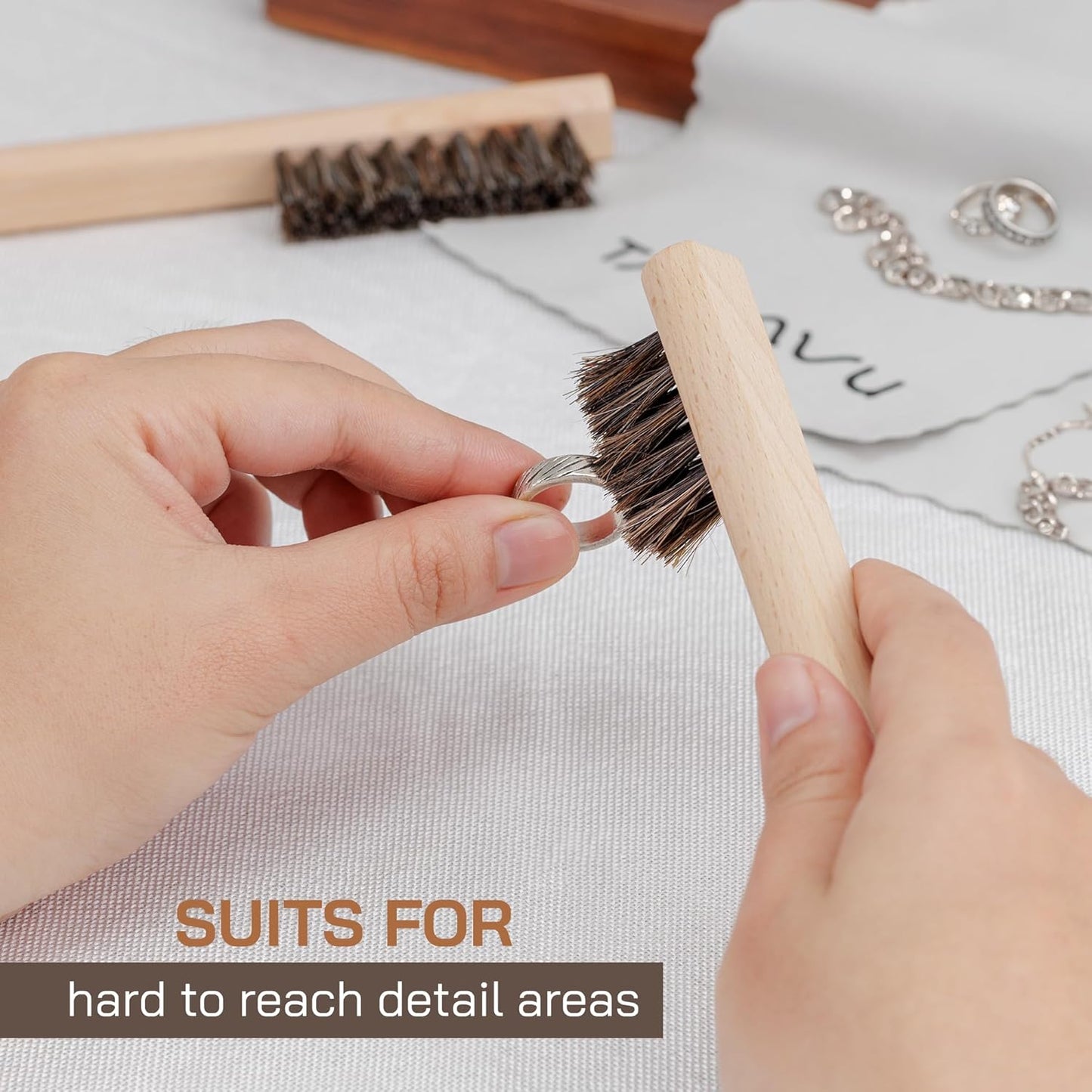 TAKAVU Horsehair Detail Brush Set, Silver Cleaning Brushes & Polish Cloth for Silverware Plateware