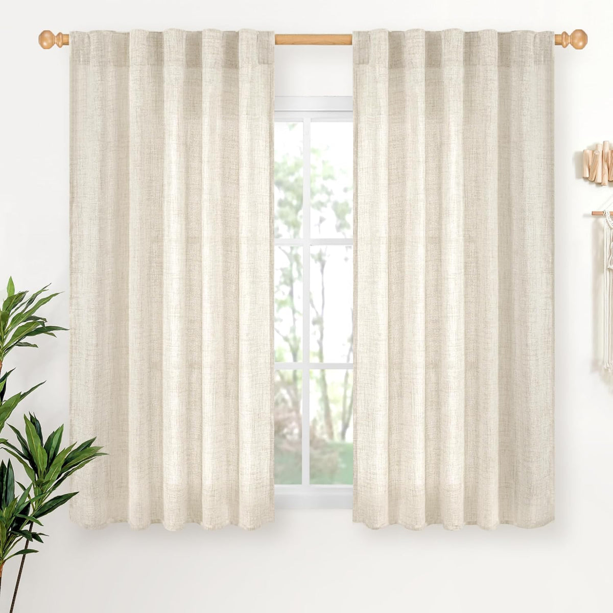 YoungsTex Linen Curtains 48 Inch Length for Kitchen, Semi Sheer Cream Window Drapes with Rod Pocket