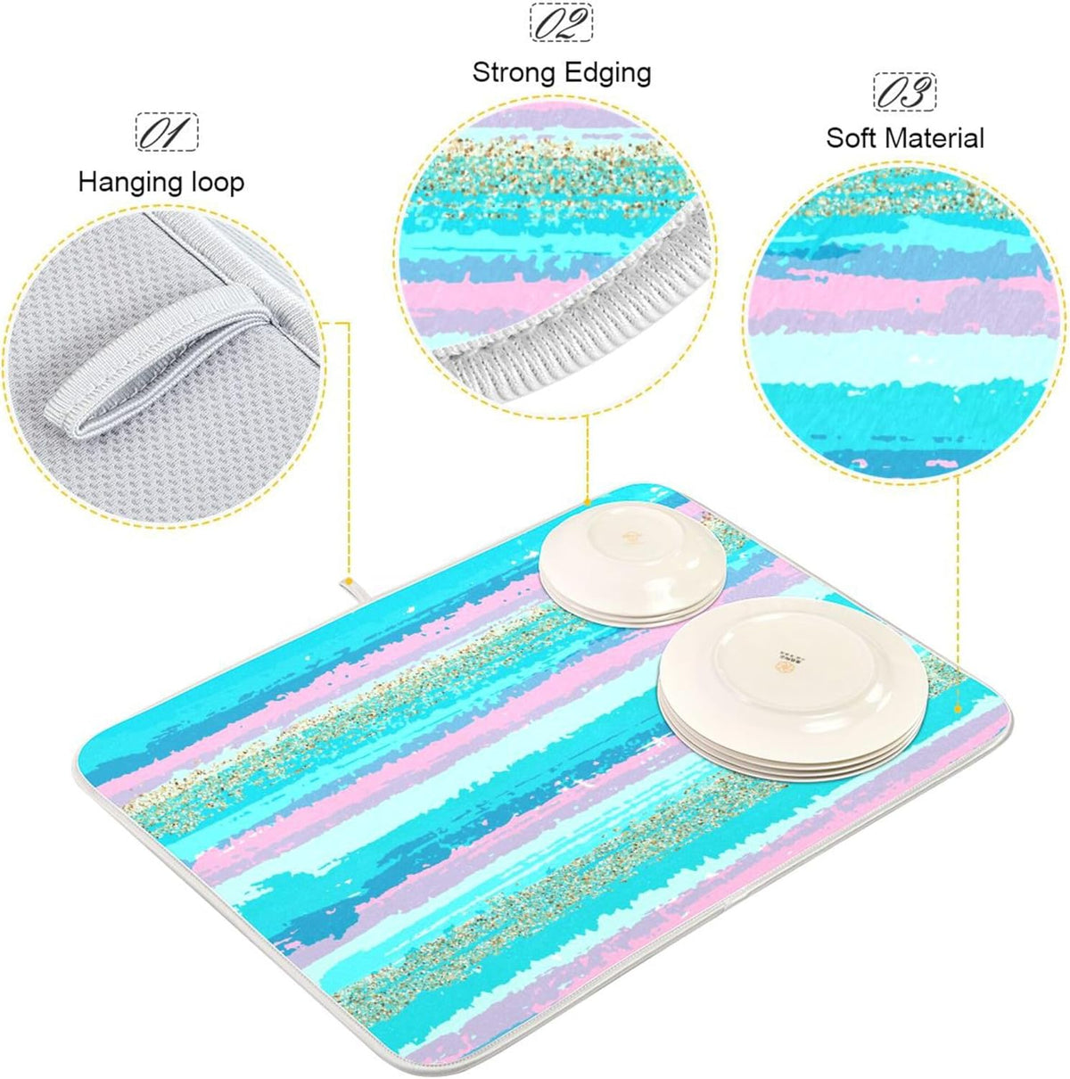 Turquoise Stripe Dish Drying Mat for Kitchen Countertop 18x24 Rectangle Teal Aqua Large Drying Mat