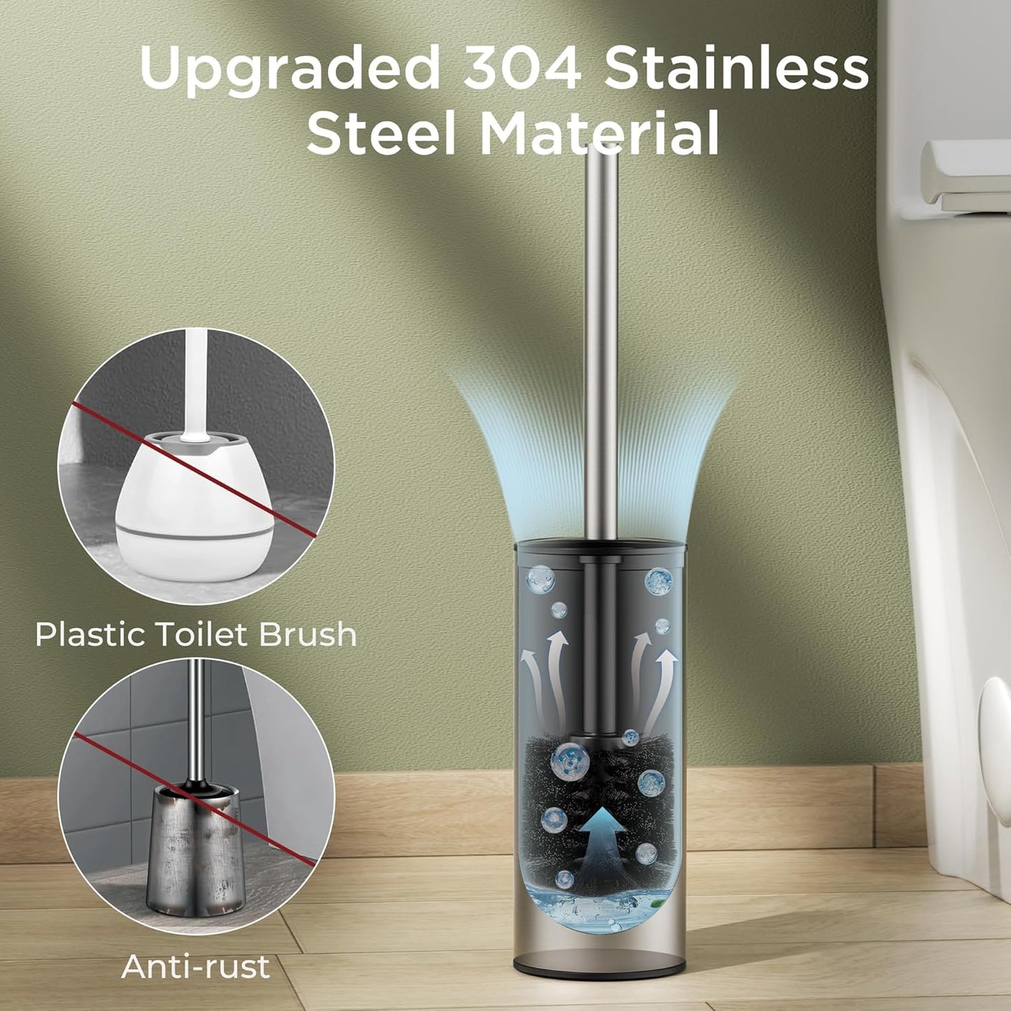Toilet Brush and Holder Set, Toilet Bowl Brush with Heavy Duty 304 Stainless Steel Base and Extra