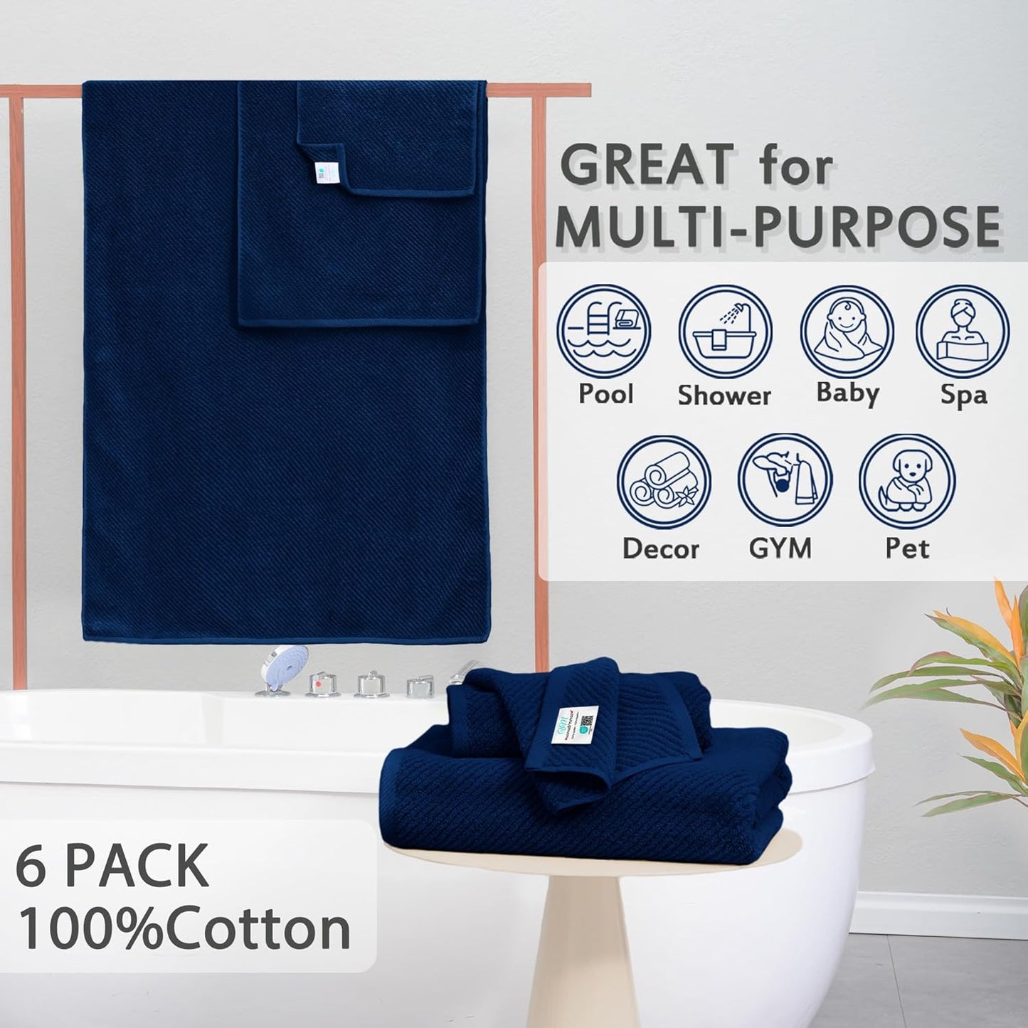 VOOVA & MOVAS Bath Towels - 100% Cotton | Quick Dry | Light Weight | Thick | Soft, Towel Set of 6