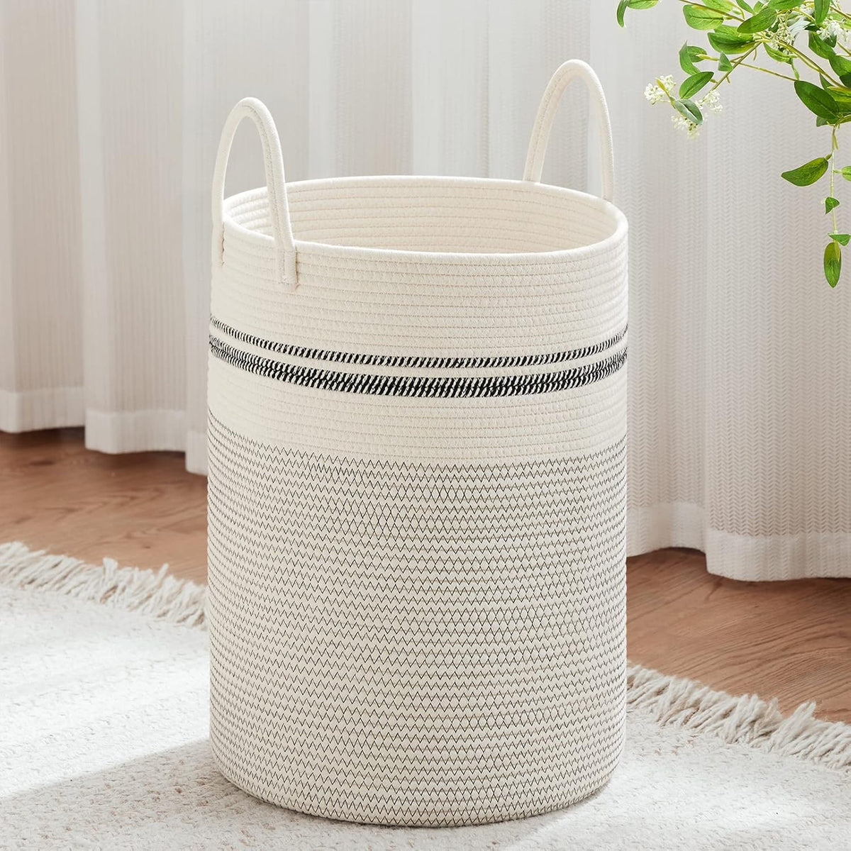 VIPOSCO Large Laundry Hamper, Tall Woven Rope Storage Basket for Blanket, Toys, Dirty Clothes in