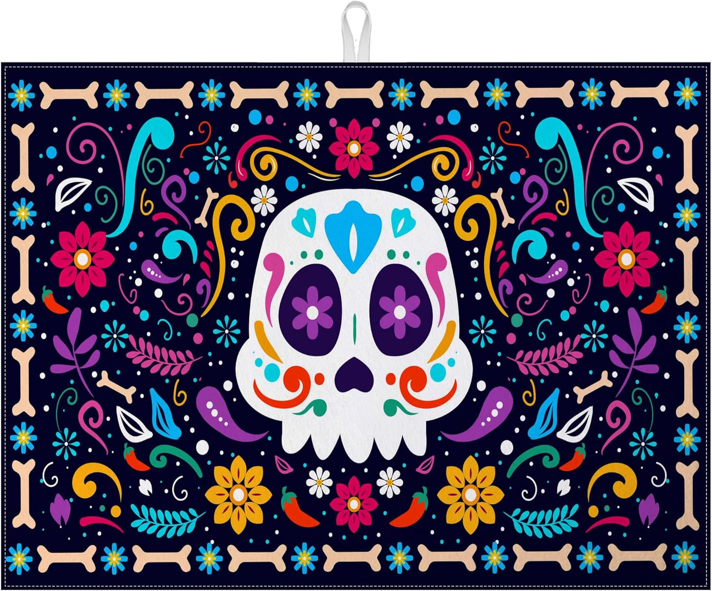 Sugar Skull Dish Drying Mat for Kitchen Counter Microfiber Absorbent Dish Day of the Dead Kitchen