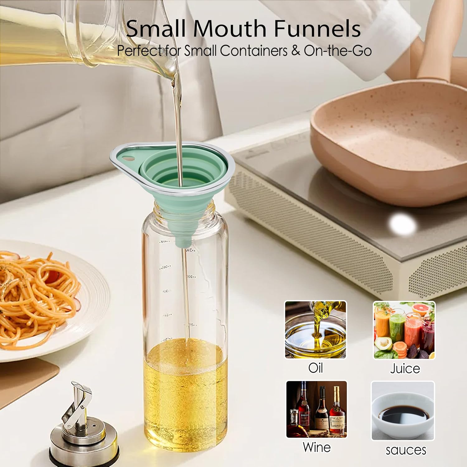 New Upgraded Small Silicone Collapsible Funnel Set with Stainless Steel Rim, 2 Pack Kitchen Gadgets