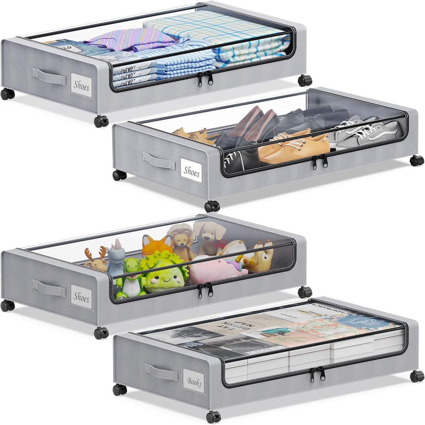 Under Bed Storage with Wheels, 4-Pack Under the Bed Storage Containers with Clear Lids & Label