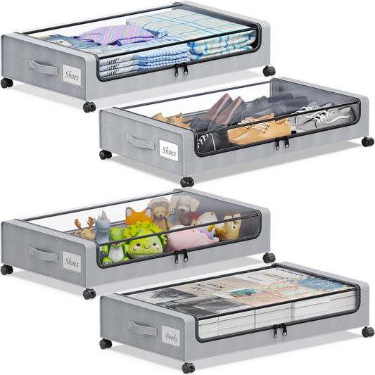 Under Bed Storage with Wheels, 4-Pack Under the Bed Storage Containers with Clear Lids & Label