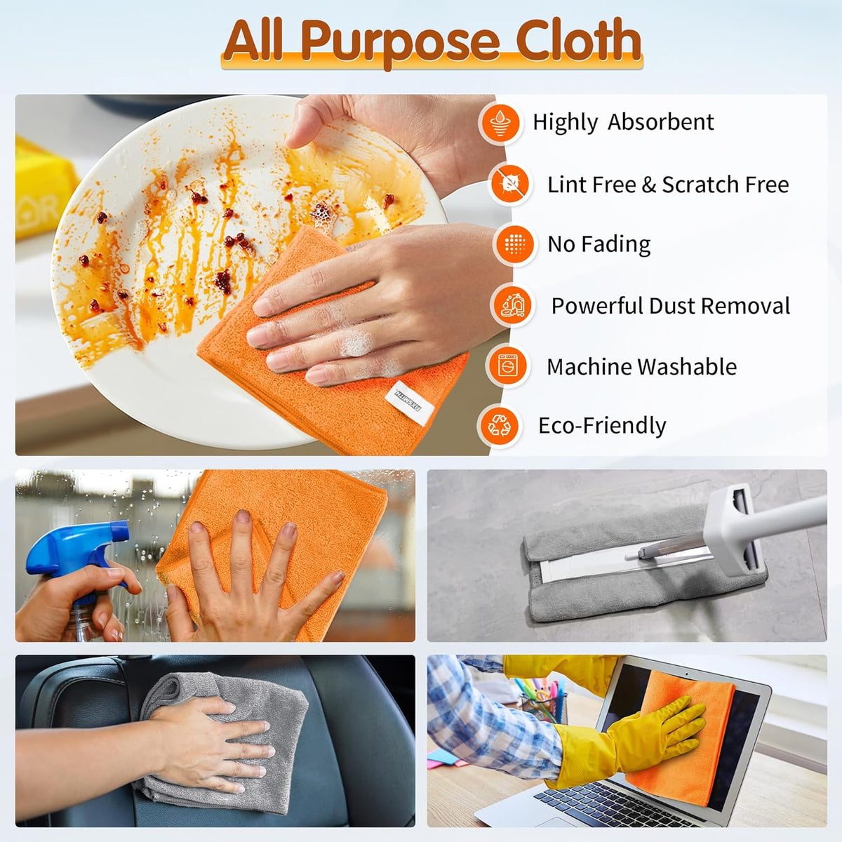 FIXSMITH Microfiber Cleaning Cloth -Pack of 12, Highly Absorbent Cleaning Rags(Grey&Orange)