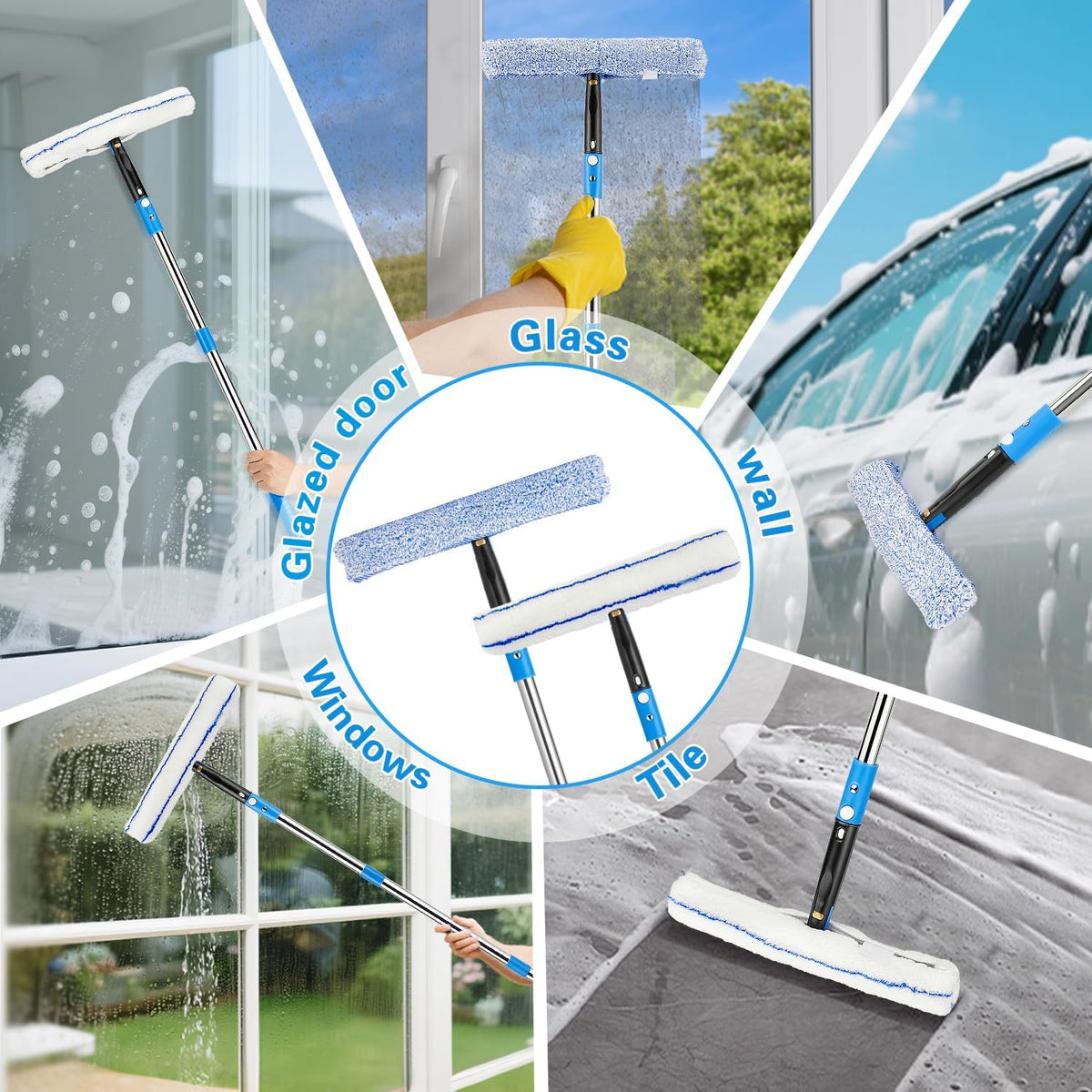 75'' Window Squeegee Cleaner Tool, Professional Window Cleaning Kit for Glass with 360° Rotation &