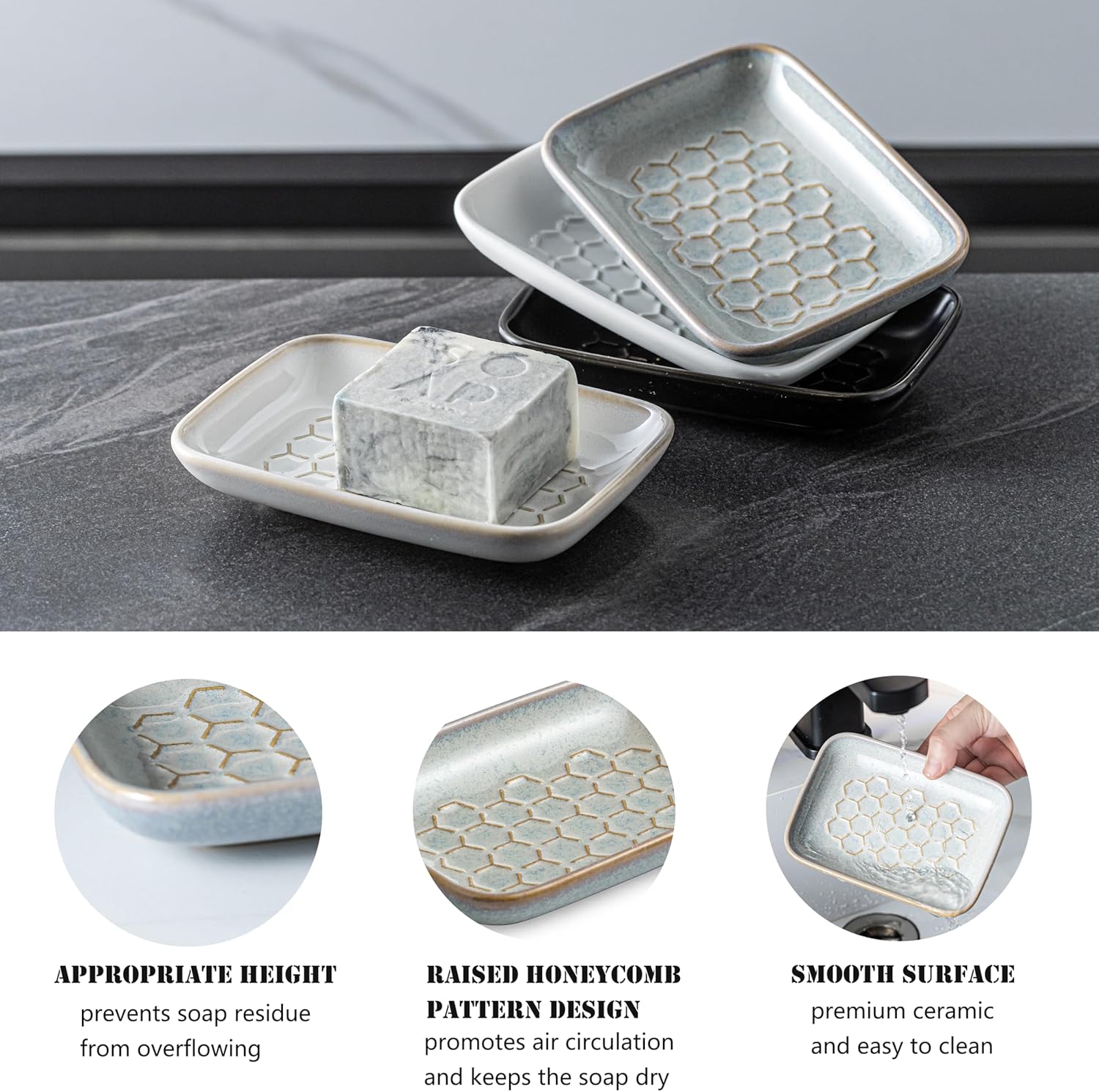 Gomakren Soap Dish for Shower, Bar Soap Holder, Ceramic Soap Dishes for Bar Soap, Sponge Holder