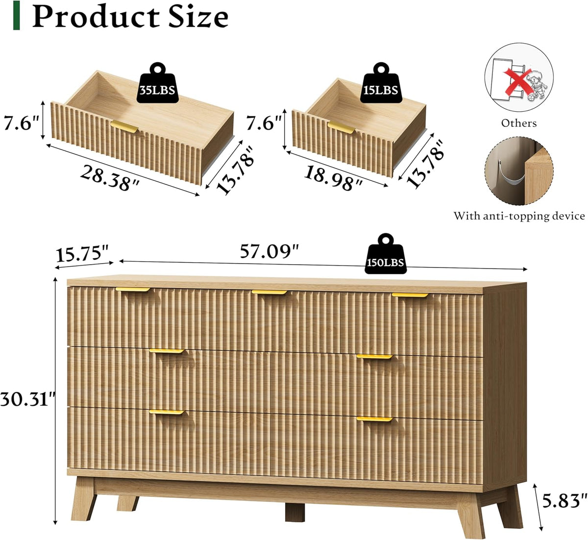 Fluted Dresser with 7 Drawers, 58" Wide Modern Chest of Drawers with Metal Handle, Wooden Dresser