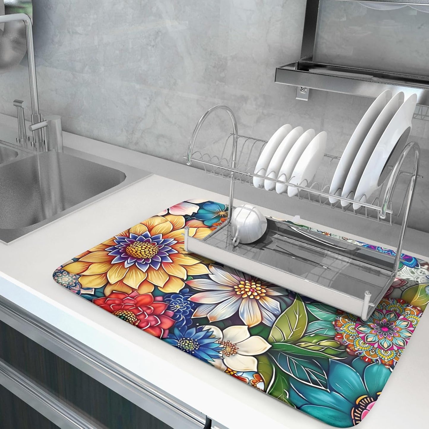 Boho Floral Dish Drying Mat for Kitchen Counter 18x24 Inch Super Absorbent Microfiber Kitchen