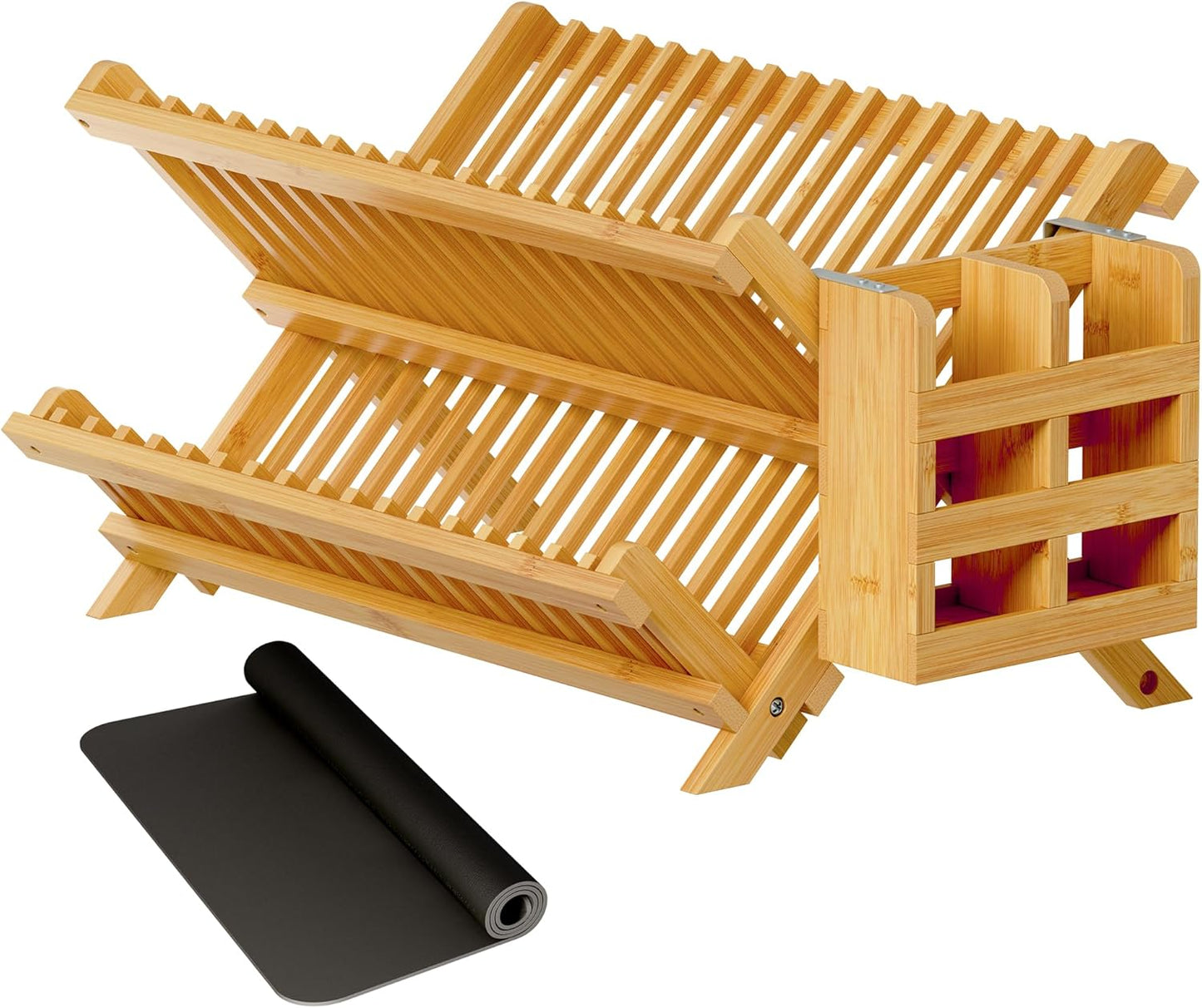 Greenual Bamboo Dish Drying Rack with Utensil Holder, 2 Tier Collapsible Dish Rack, Wooden Dish