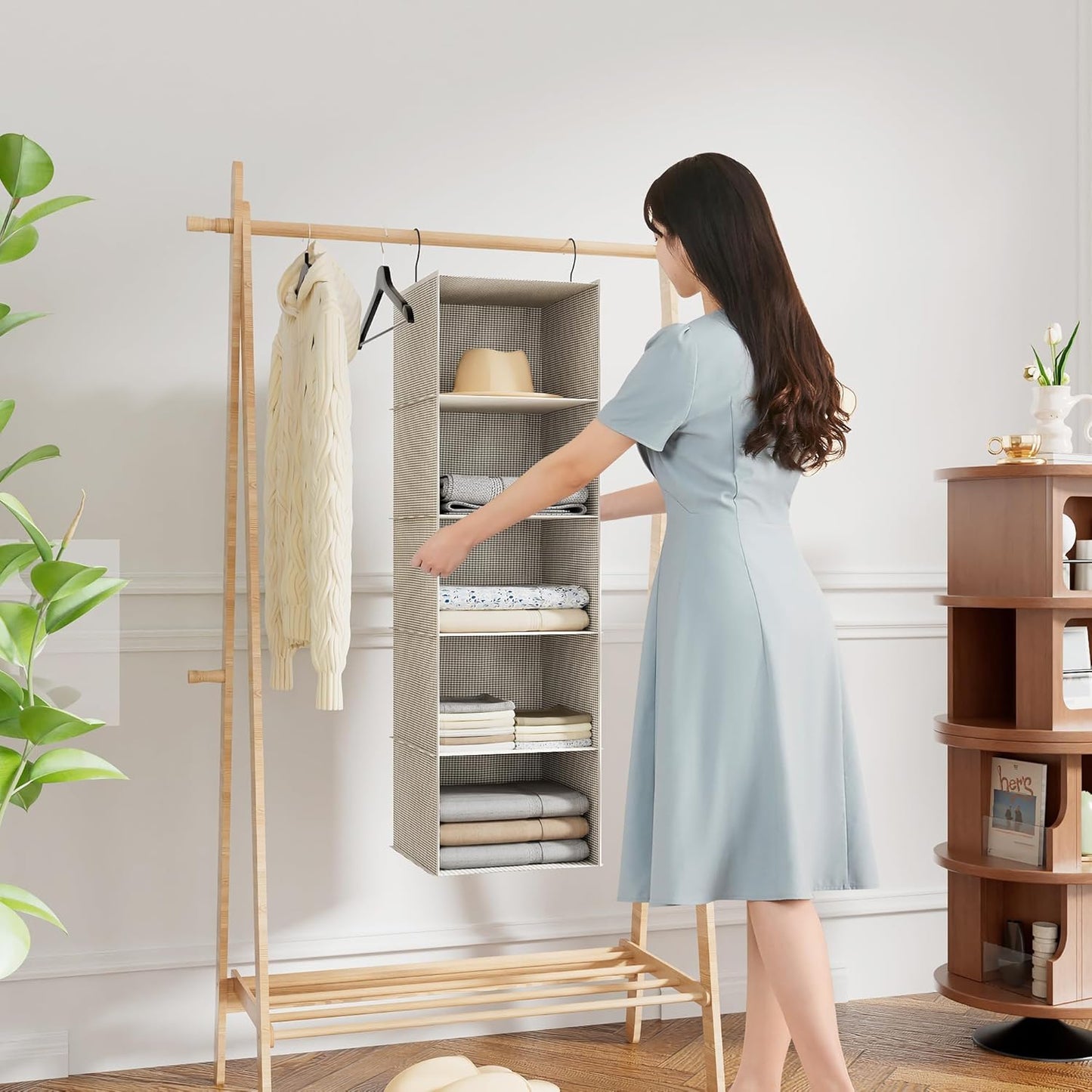 Hanging Closet Organizer, Easy Mount Foldable 5-Shelf Hanging Closet Wardrobe Storage Shelves