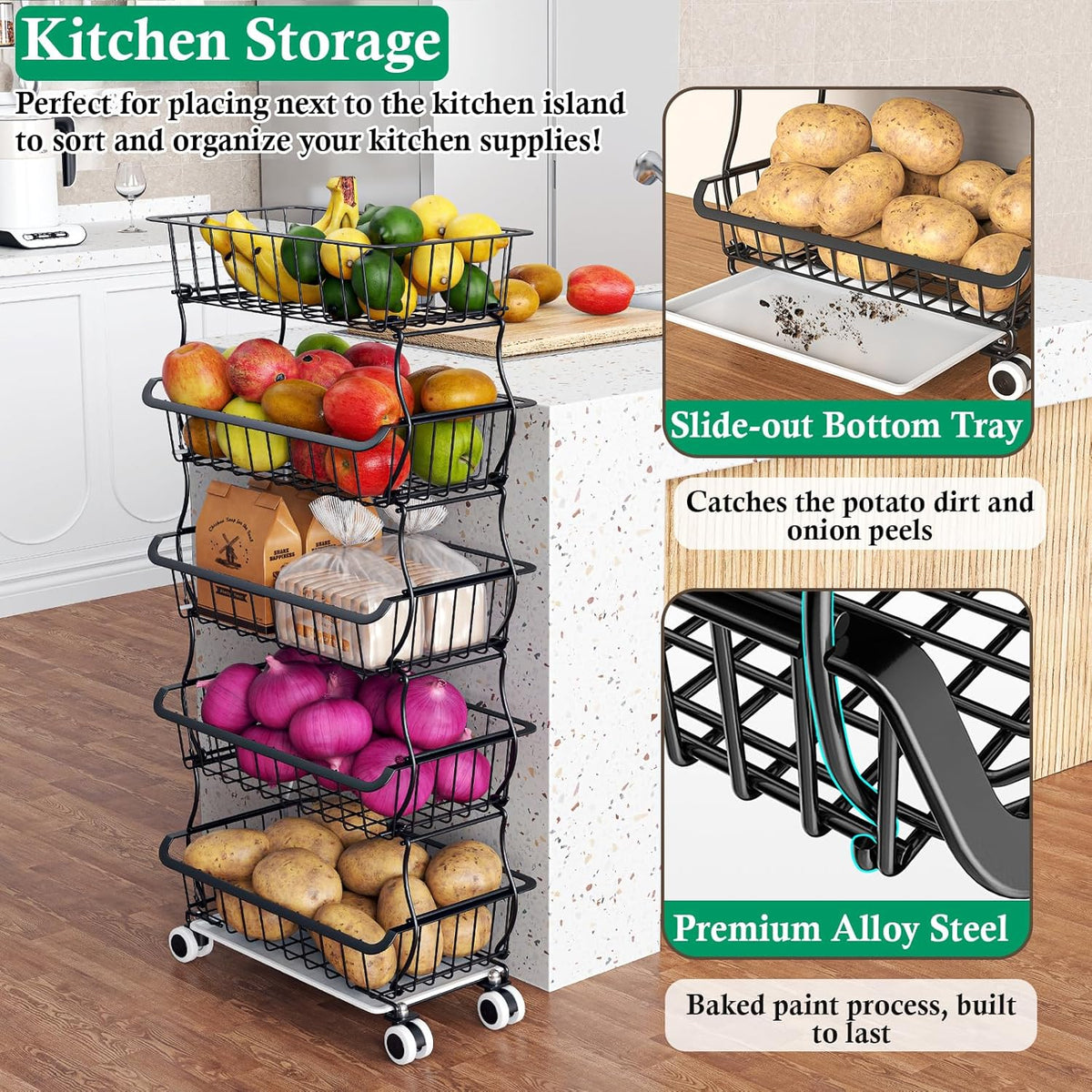 5 Tier Fruit Basket for Kitchen, Stackable Bins Wire Rack with Wheels, Fruit and Vegetable Storage