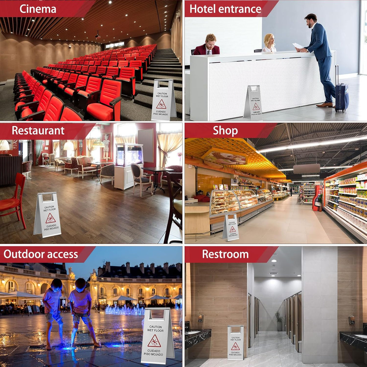 Kigley 2 Pcs Wet Floor Sign, 17 Inch Stainless Steel Caution Wet Floor Sign Double Sided Portable
