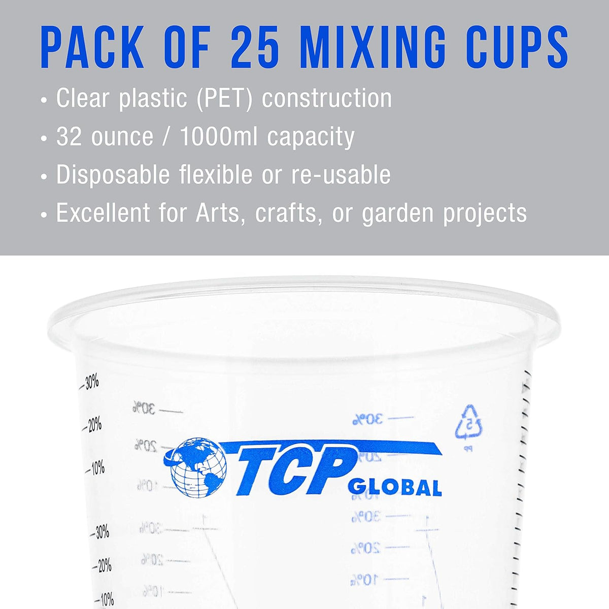 TCP Global 32 oz. (1000ml) Graduated Plastic Mixing Cups (Box of 25) - Disposable Plastic Measuring