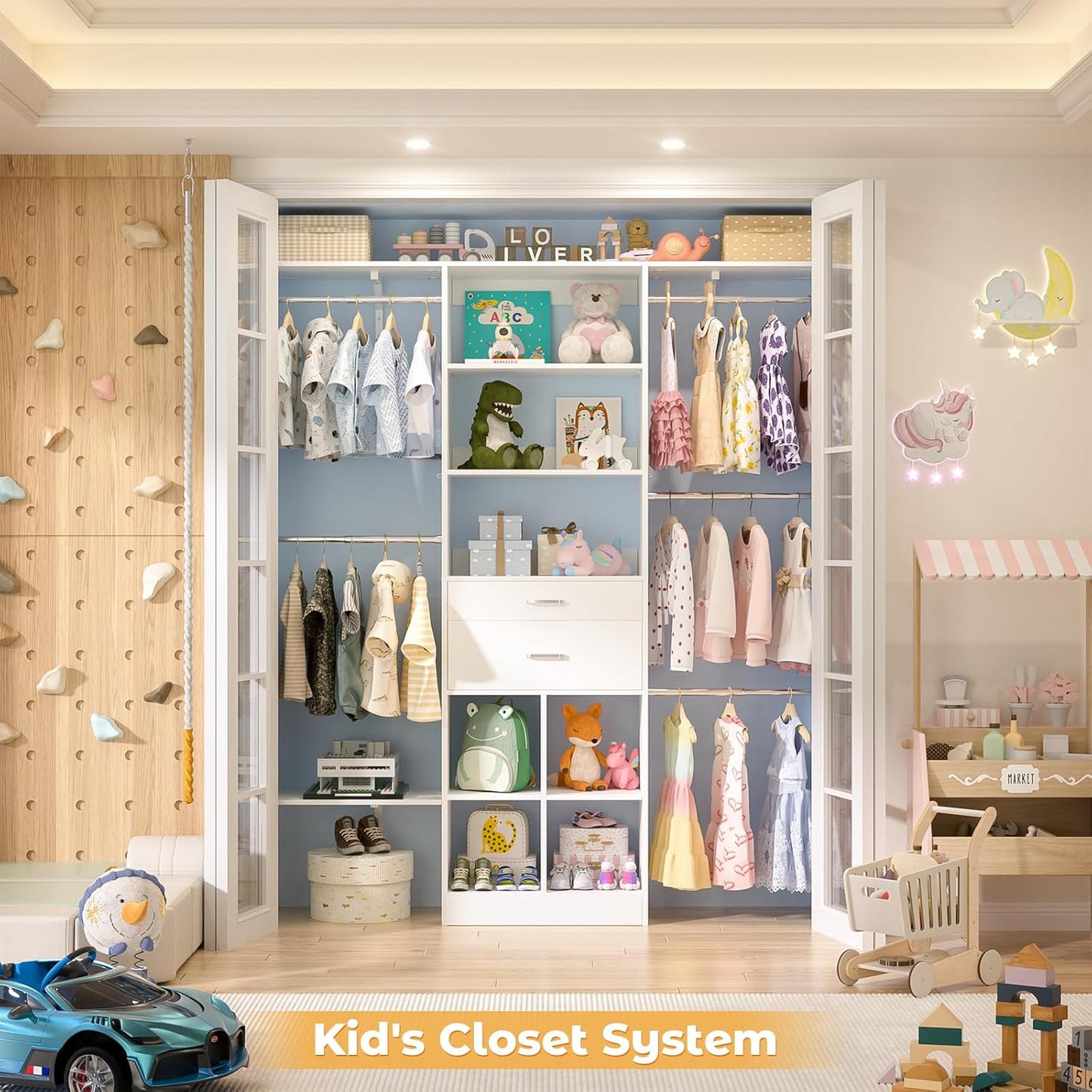 5FT Small Closet System, Baby Closet Organizer System with Wooden Drawers, 60 Inches Walk In Closet