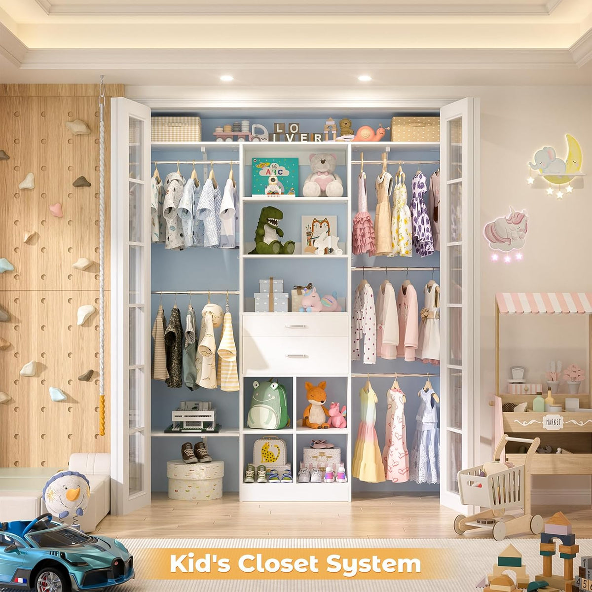 5FT Small Closet System, Baby Closet Organizer System with Wooden Drawers, 60 Inches Walk In Closet