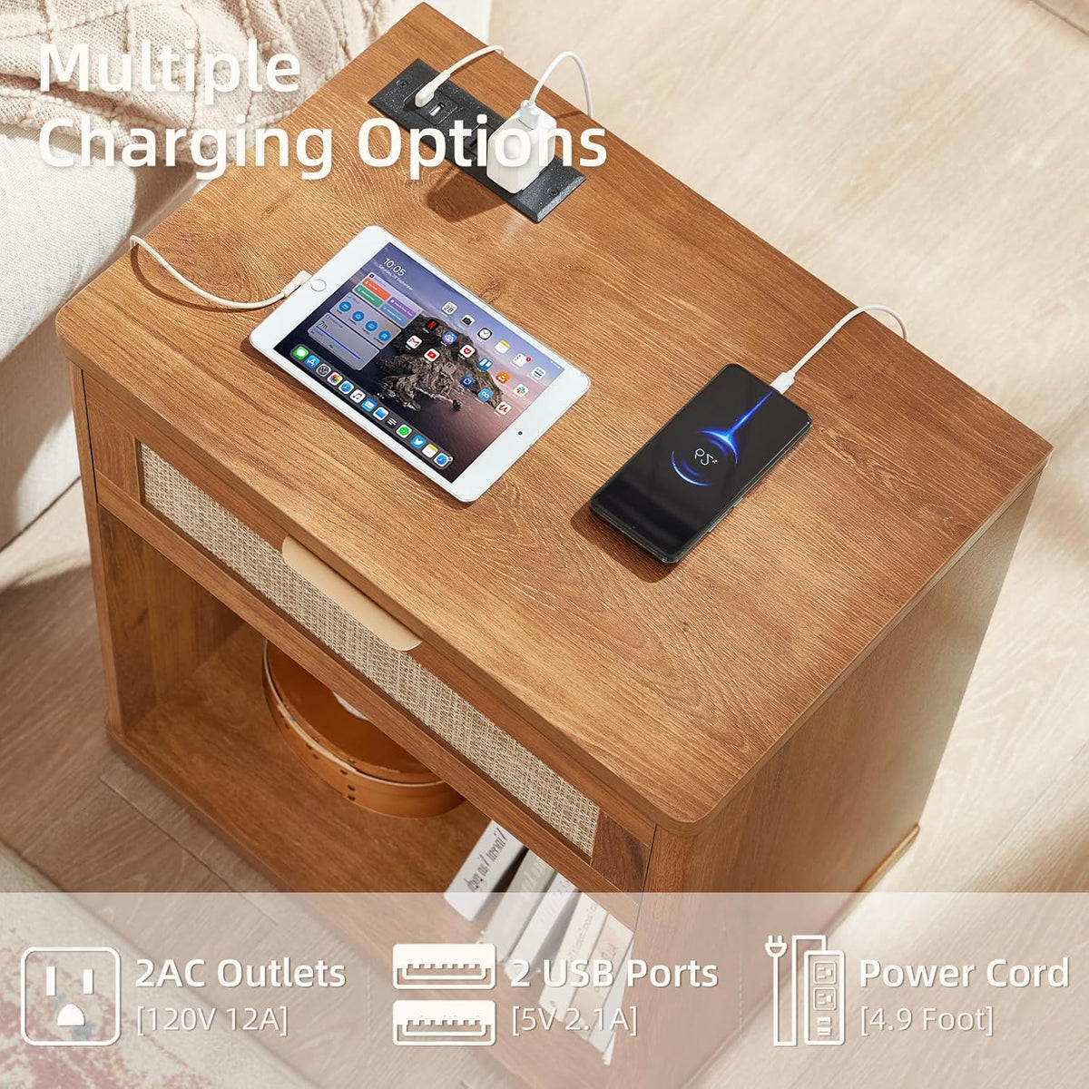 LEYAOYAO Rattan Nightstands Set of 2 with Charging Station, Natural Wood Night Stand with Drawer