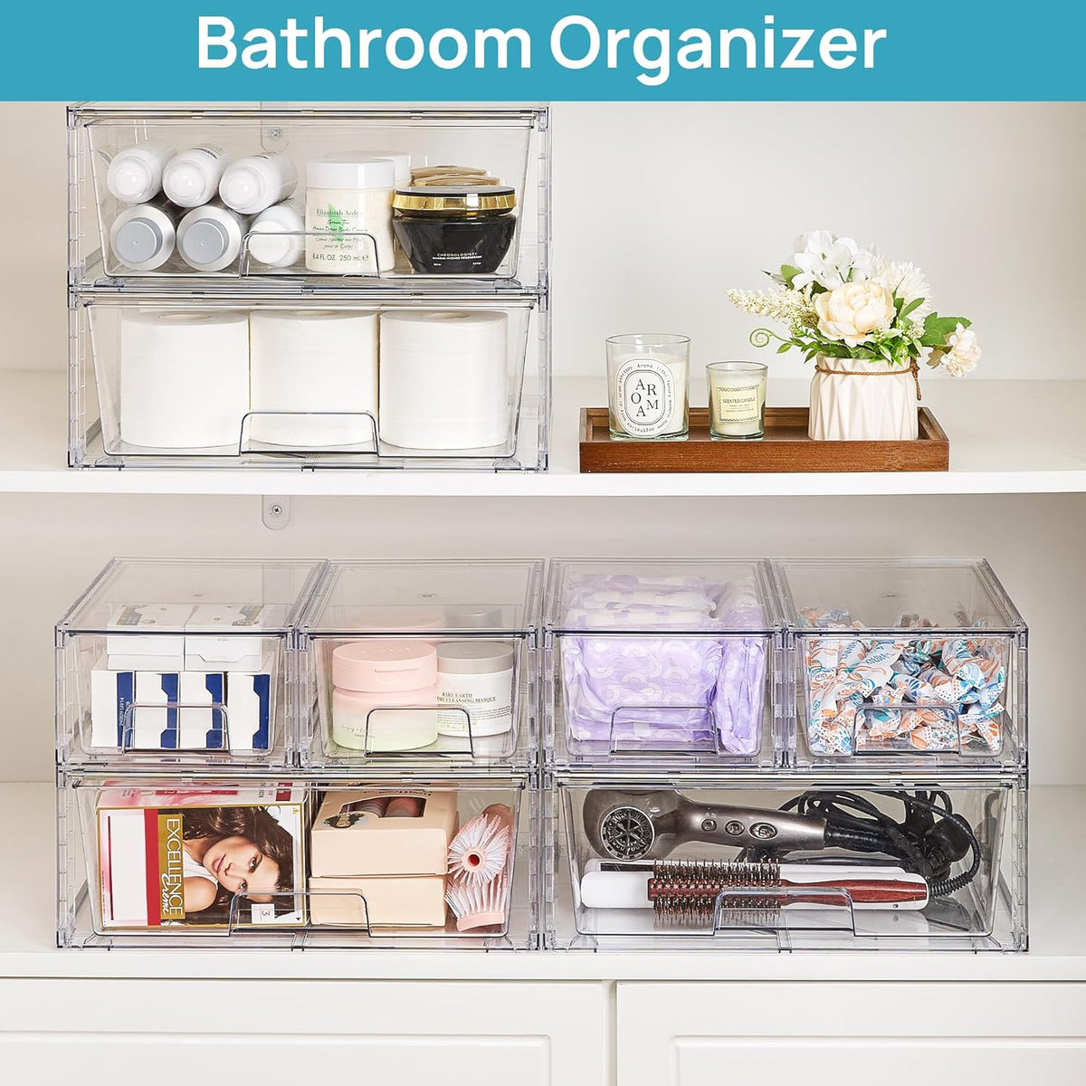 Vtopmart 3 Pack Stackable Storage Drawers, Easily Assemble Acrylic Bathroom Undersink