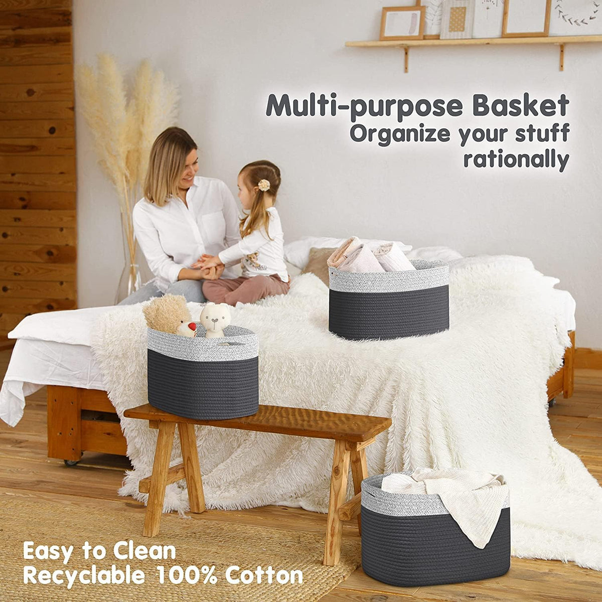 CHAT BLANC Cotton Rope Baskets for Organizing I Storage Baskets for Shelves | Rope Basket for