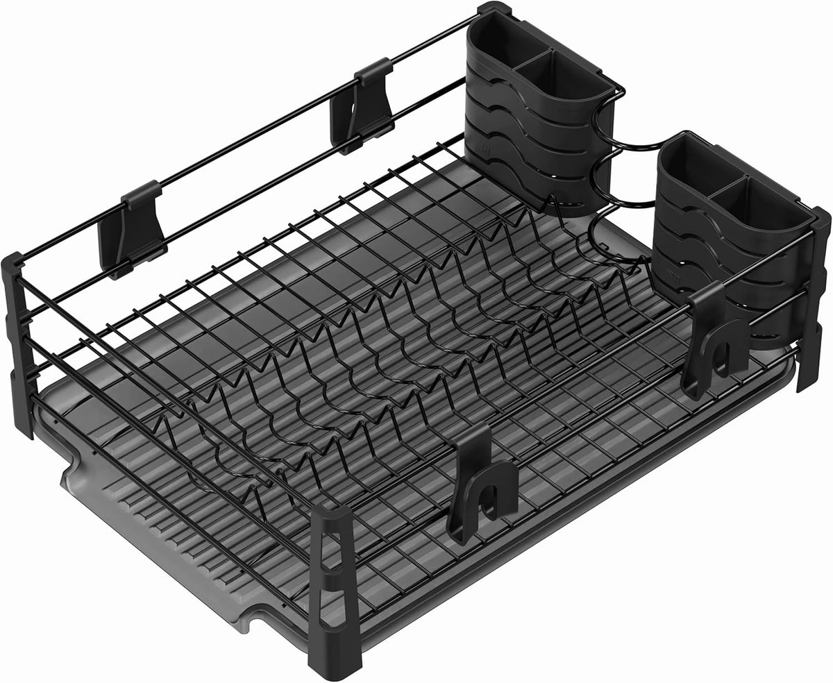 SIMPLE HOUSEWARE Dish Drying Rack with Drainboard, Utensil Holder & Mug Hooks, Black Metal Kitchen