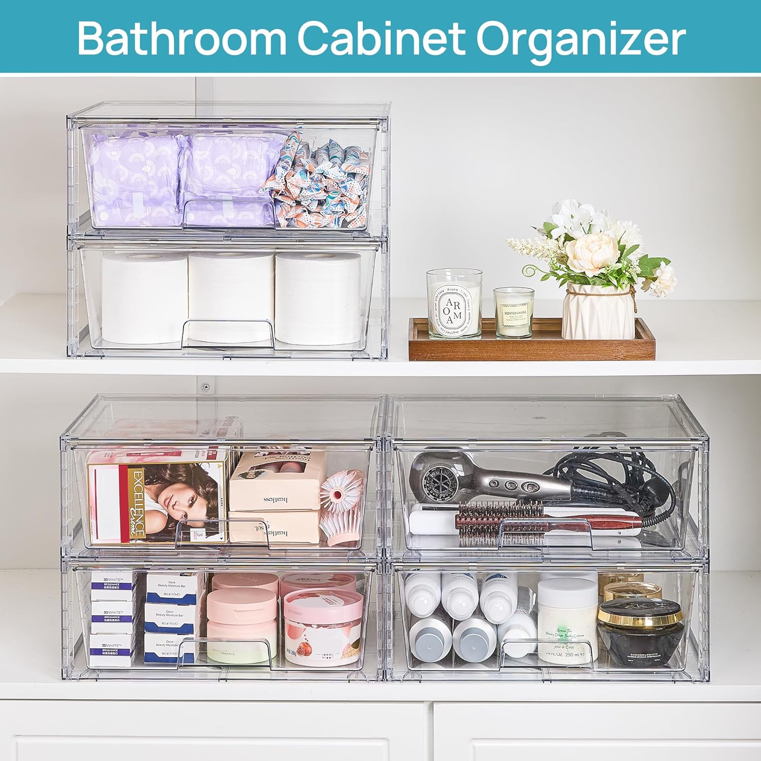 Vtopmart 4 Pack Large Stackable Storage Drawers,Easily Assemble Acrylic Bathroom Closet Undersink