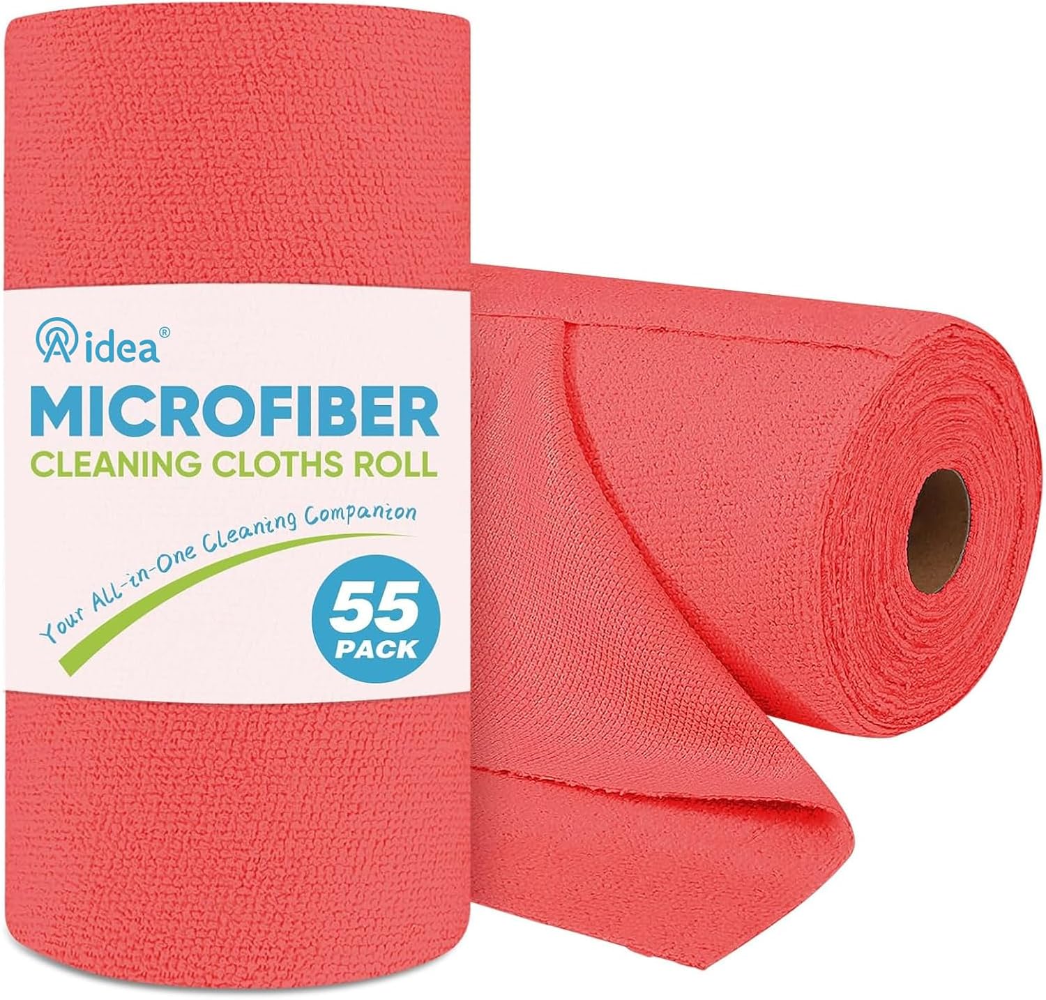 AIDEA Microfiber Cleaning Cloth Roll, Red Shop Towels 55 Sheets Washable, Microfiber Towels for