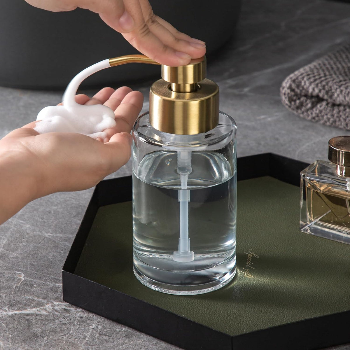Enra Foam Soap Dispenser,12oz Thick Glass Bathroom Soap Dispenser with Stainless Steel Gold Pump