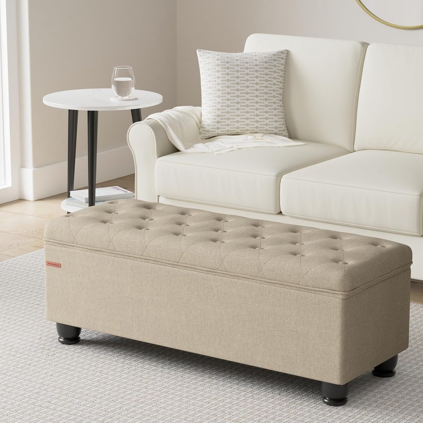 SONGMICS Storage Ottoman, Storage Bench, Tufted Entryway Bedroom Bench, 17.7 x 46.5 x 17.7 Inches