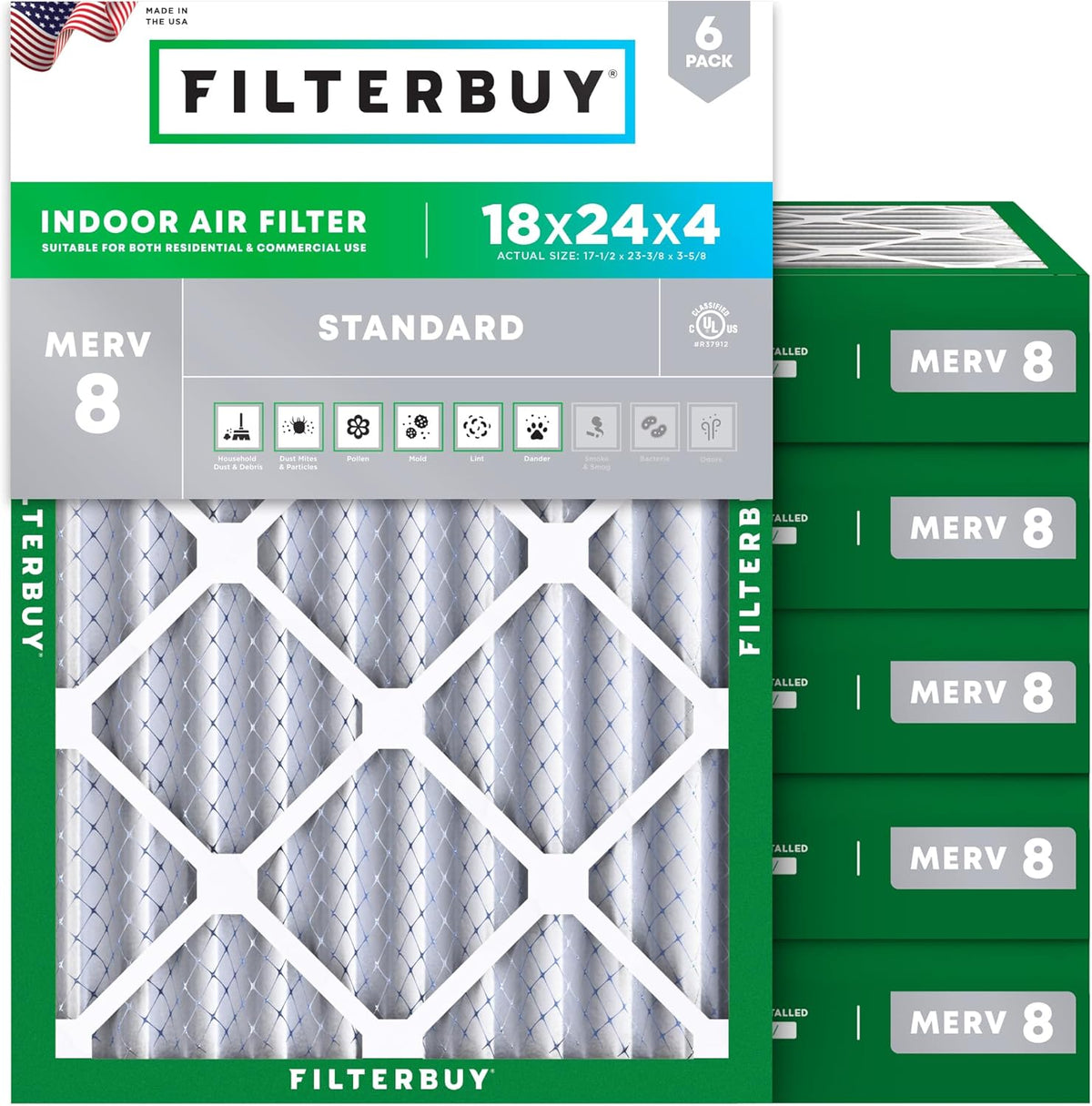Filterbuy 18x24x4 Air Filter MERV 8 (MPR 700) Dust Defense Replacement (6-Pack), Electrostatic