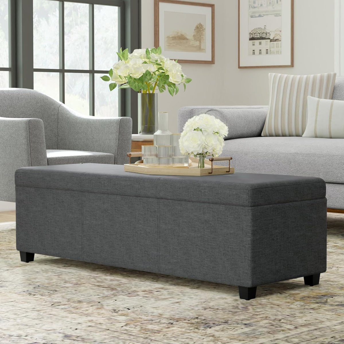 SIMPLIHOME Avalon 54 inch Wide Contemporary Rectangle Extra Large Storage Ottoman Bench in Slate