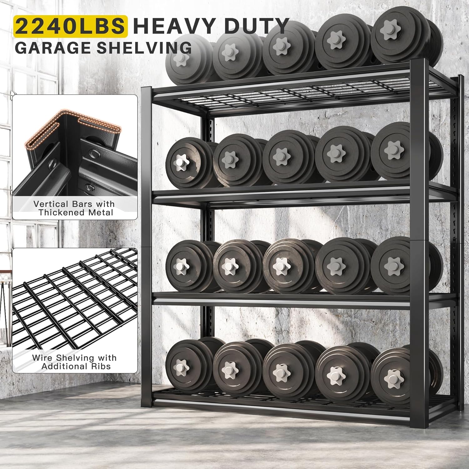 REIBII 40" W Garage Shelving 2240 LBS Storage Shelves Adjustable Heavy Duty Shelving 4 Tier Metal