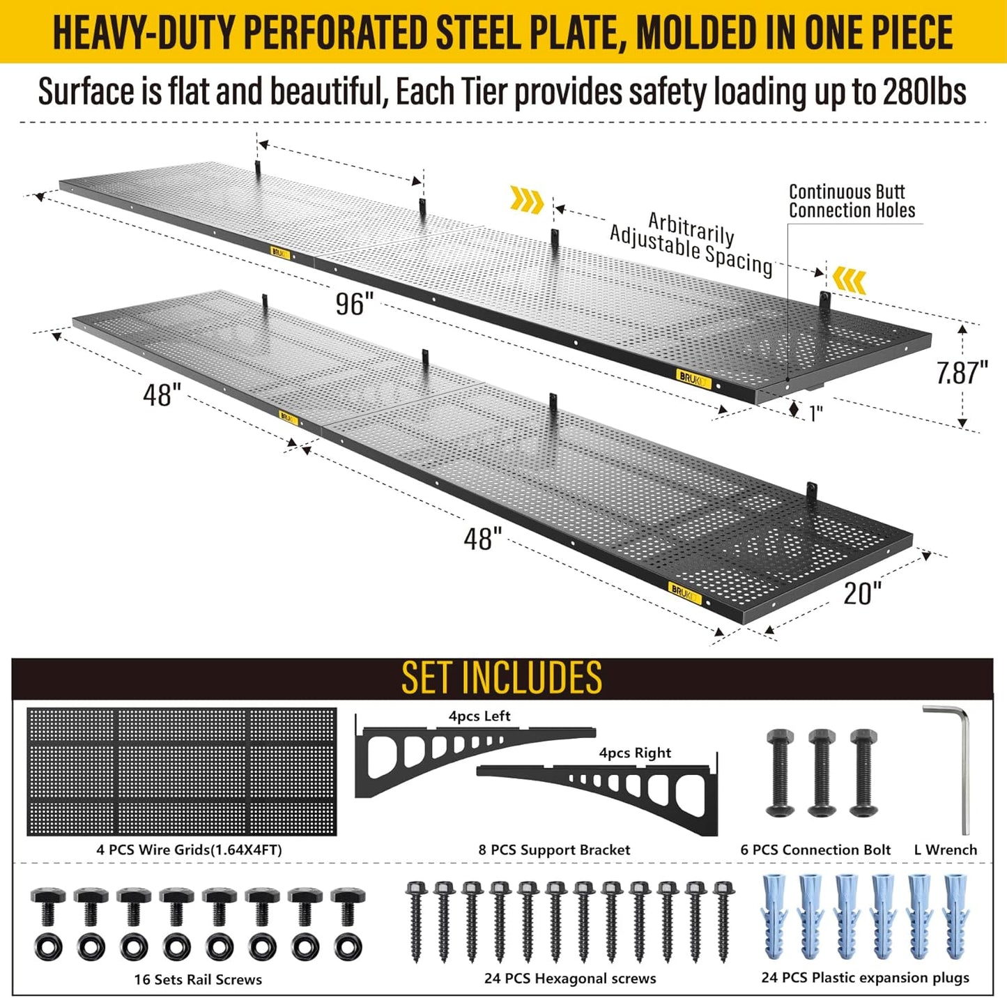4Pack 1.64x4ft Adjustable Metal Garage Wall Shelving Heavy Duty Garage Storage Shelf Wall Mounted